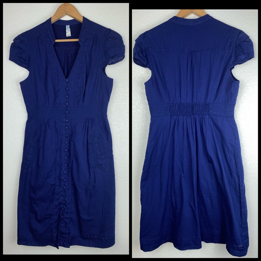 Anthro Maeve Pinstripe Button Down Cotton Button Down Dress w/Pockets - Picture 2 of 9